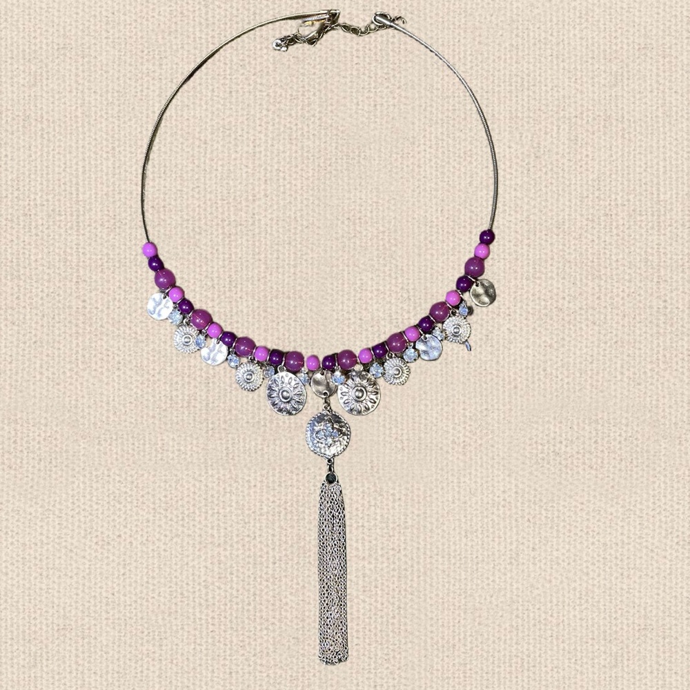 Purple and Silver Beaded Necklace with Tassel